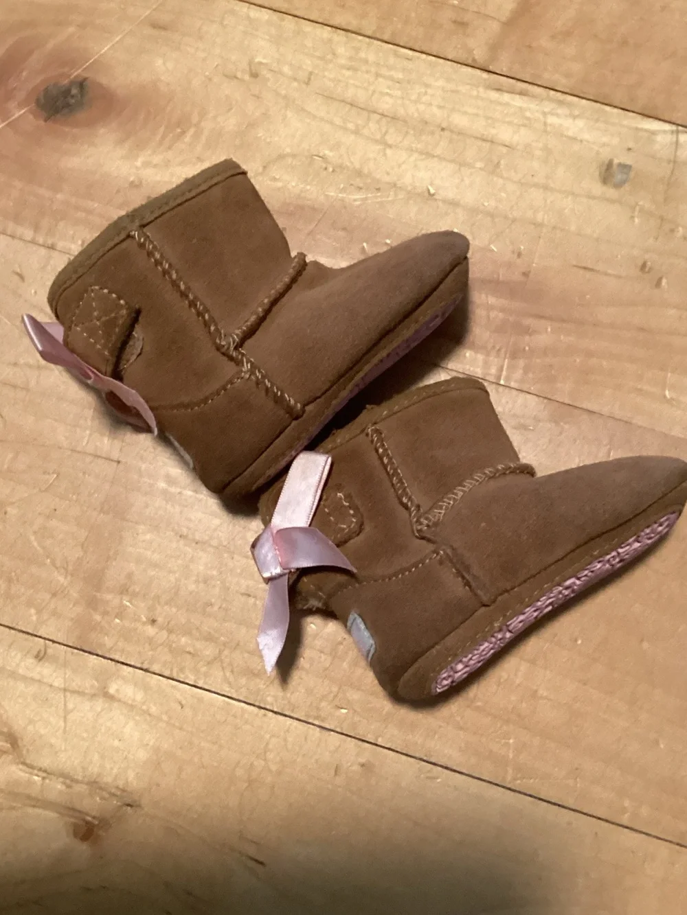 Ugg Baby Faux-Shearling Booties with Pink Bow - Brown
